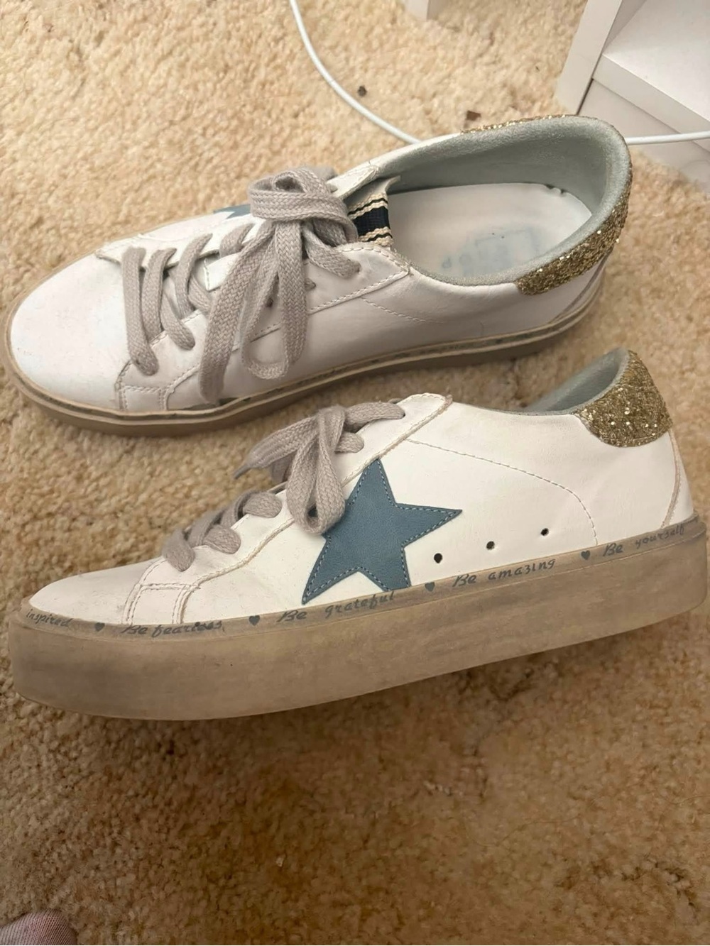 White Leather Lace-Up Sneakers with Blue Star & Gold Heel